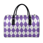 White And Purple Argyle Pattern Print Leather Duffle Bag
