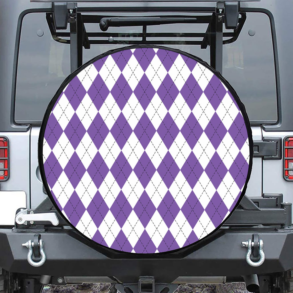White And Purple Argyle Pattern Print Leather Spare Tire Cover