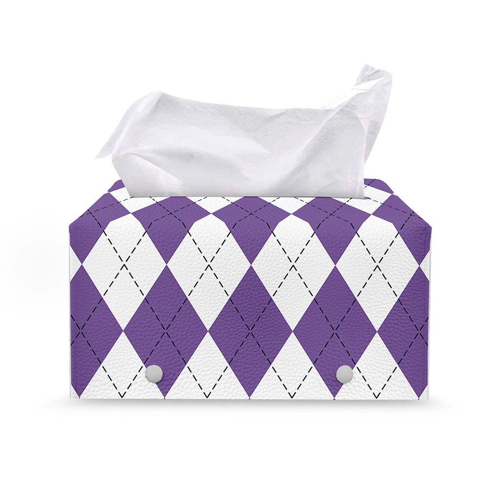 White And Purple Argyle Pattern Print Leather Tissue Box Cover