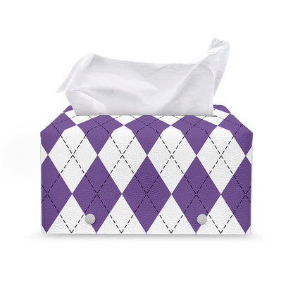 White And Purple Argyle Pattern Print Leather Tissue Box Cover