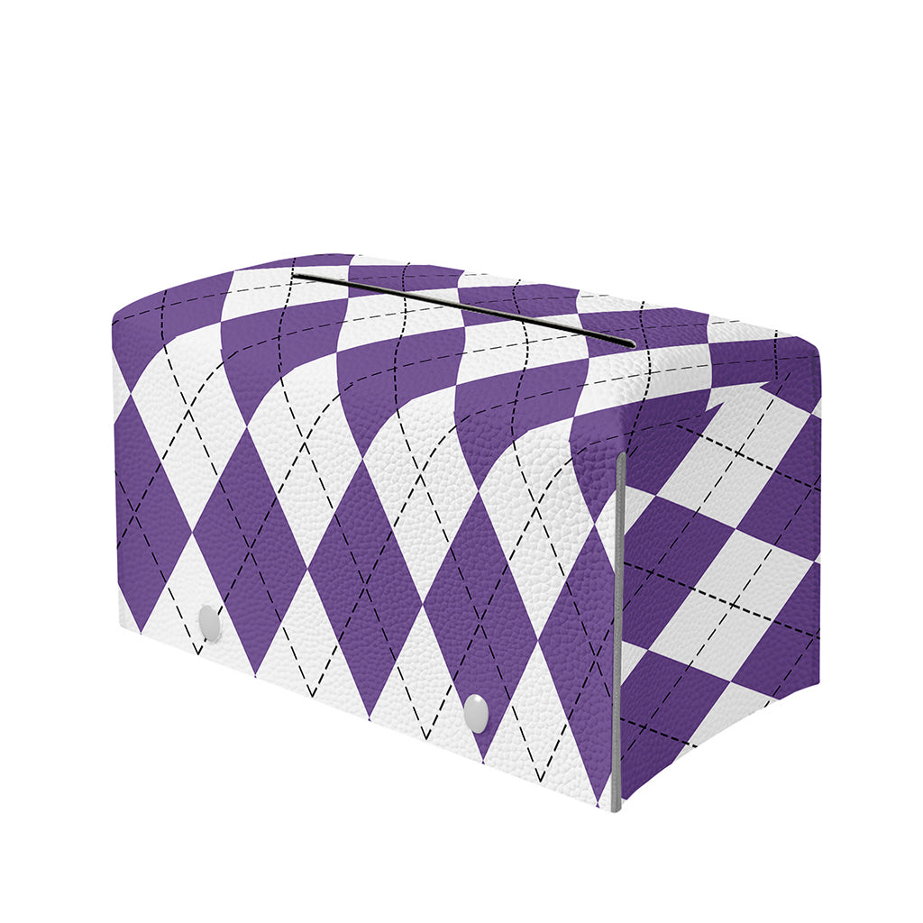 White And Purple Argyle Pattern Print Leather Tissue Box Cover