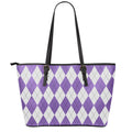 White And Purple Argyle Pattern Print Leather Tote Bag With Zipper