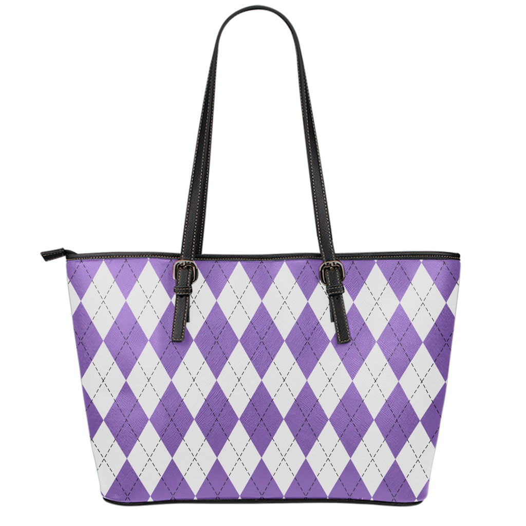 White And Purple Argyle Pattern Print Leather Tote Bag
