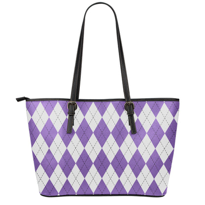 White And Purple Argyle Pattern Print Leather Tote Bag