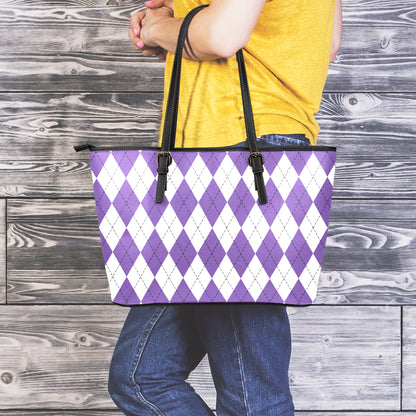 White And Purple Argyle Pattern Print Leather Tote Bag