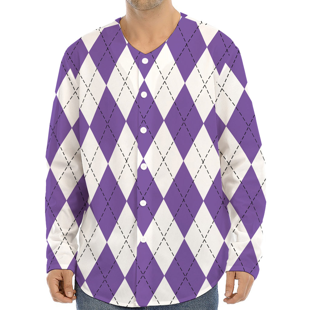 White And Purple Argyle Pattern Print Long Sleeve Baseball Jersey