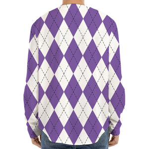 White And Purple Argyle Pattern Print Long Sleeve Baseball Jersey