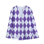 White And Purple Argyle Pattern Print Long Sleeve Short Coat