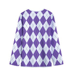 White And Purple Argyle Pattern Print Long Sleeve Short Coat