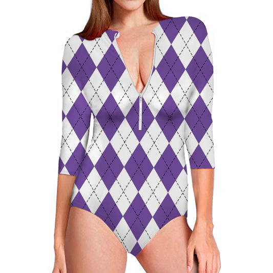 White And Purple Argyle Pattern Print Long Sleeve Swimsuit