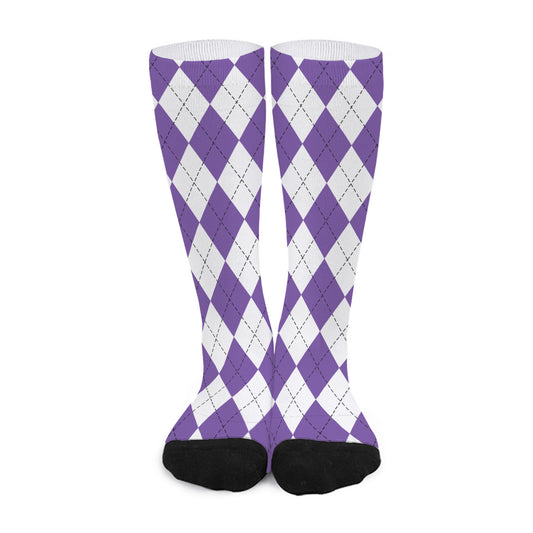 White And Purple Argyle Pattern Print Long Socks
