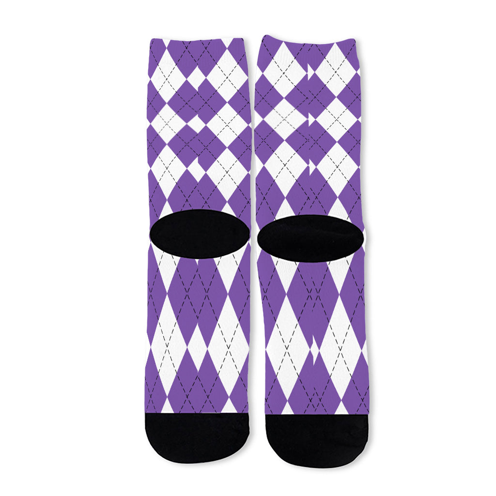 White And Purple Argyle Pattern Print Long Socks