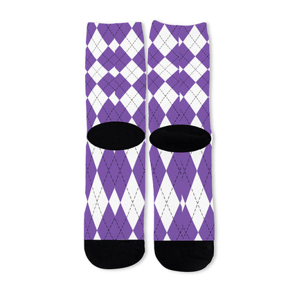 White And Purple Argyle Pattern Print Long Socks