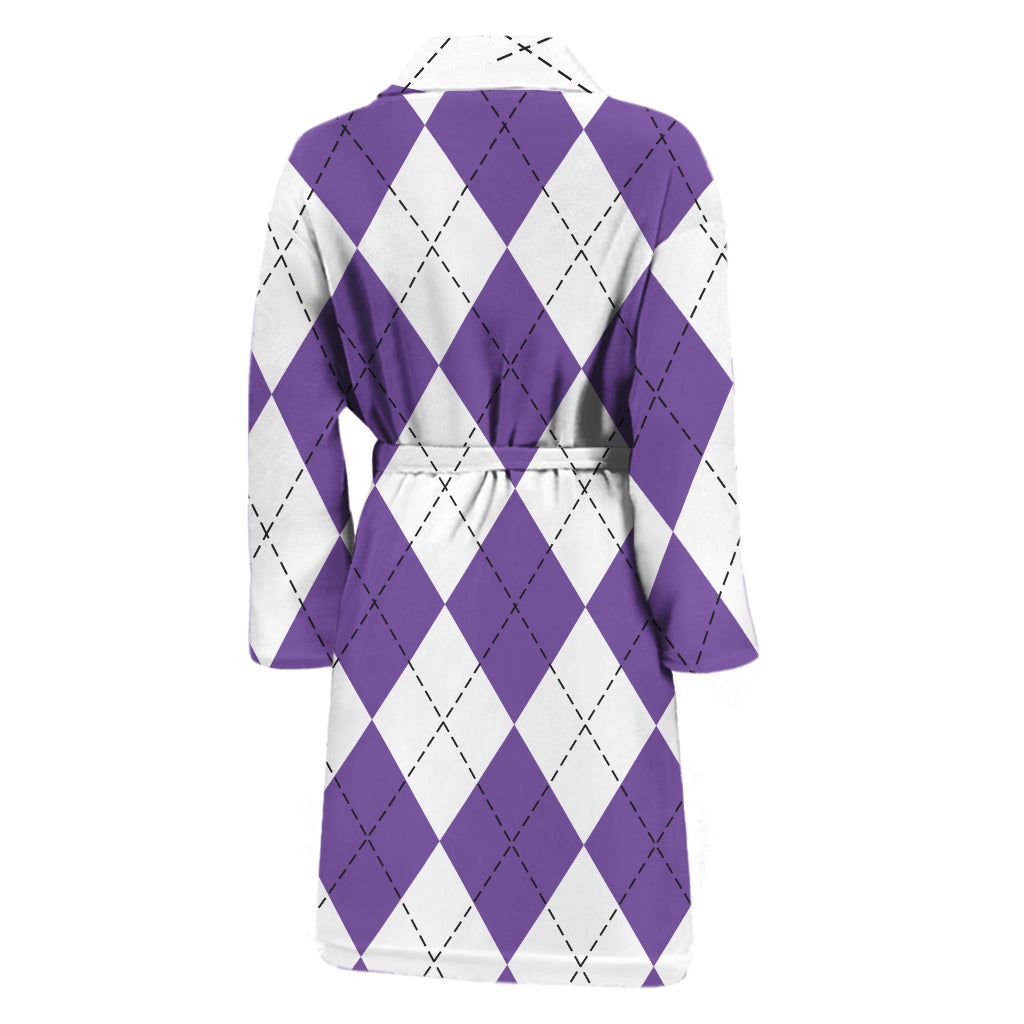 White And Purple Argyle Pattern Print Men's Bathrobe