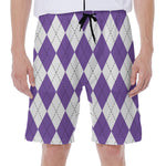White And Purple Argyle Pattern Print Men's Beach Shorts