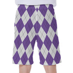 White And Purple Argyle Pattern Print Men's Beach Shorts