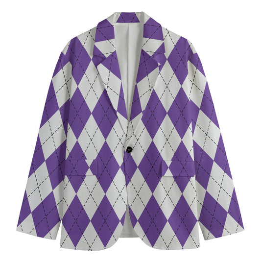 White And Purple Argyle Pattern Print Men's Blazer
