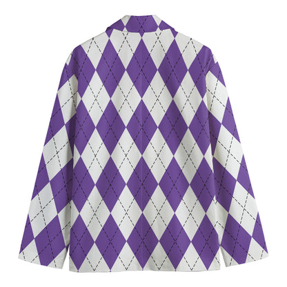 White And Purple Argyle Pattern Print Men's Blazer