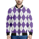 White And Purple Argyle Pattern Print Men's Bomber Jacket