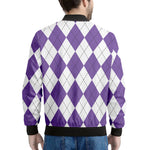 White And Purple Argyle Pattern Print Men's Bomber Jacket