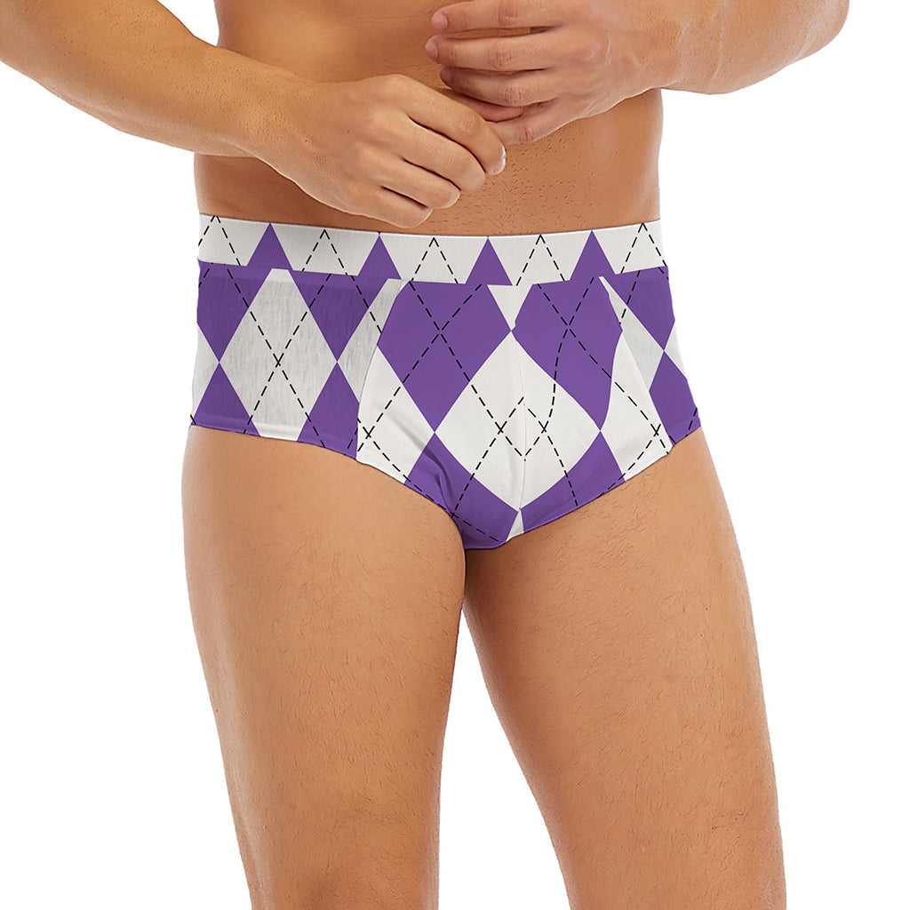 White And Purple Argyle Pattern Print Men's Briefs