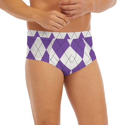White And Purple Argyle Pattern Print Men's Briefs