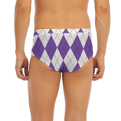 White And Purple Argyle Pattern Print Men's Briefs