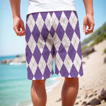White And Purple Argyle Pattern Print Men's Cargo Shorts