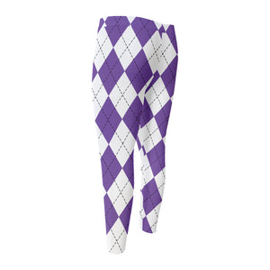 White And Purple Argyle Pattern Print Men's Compression Pants