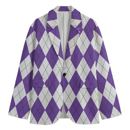 White And Purple Argyle Pattern Print Men's Cotton Blazer