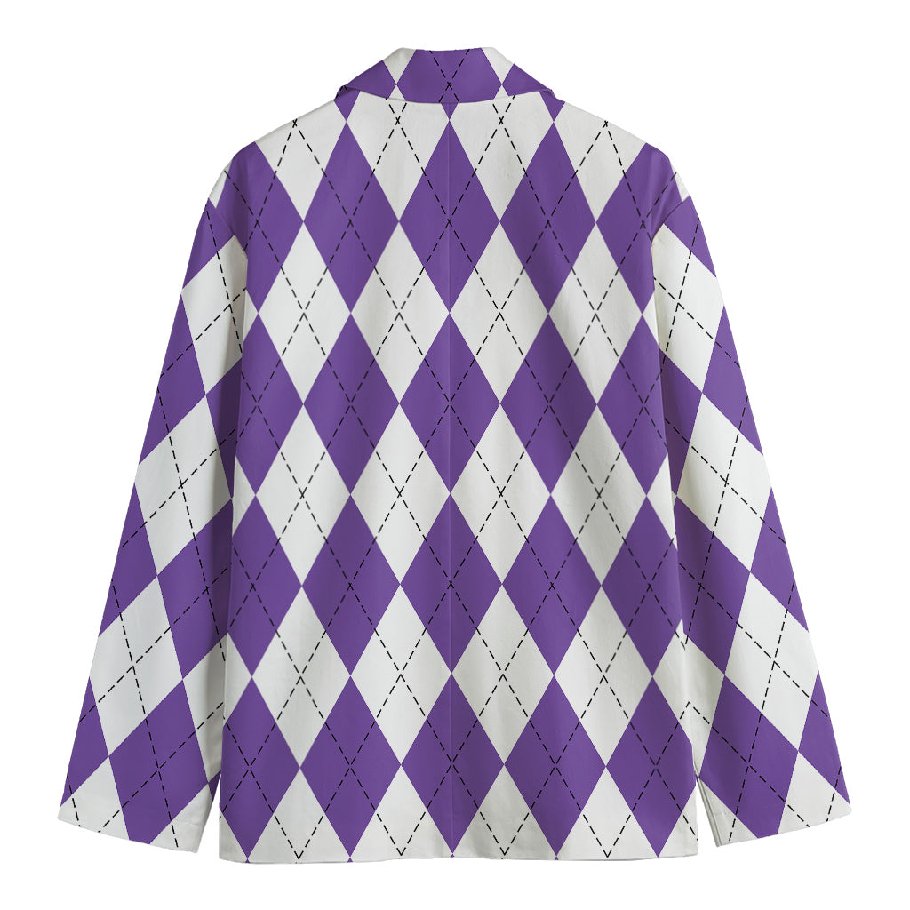 White And Purple Argyle Pattern Print Men's Cotton Blazer
