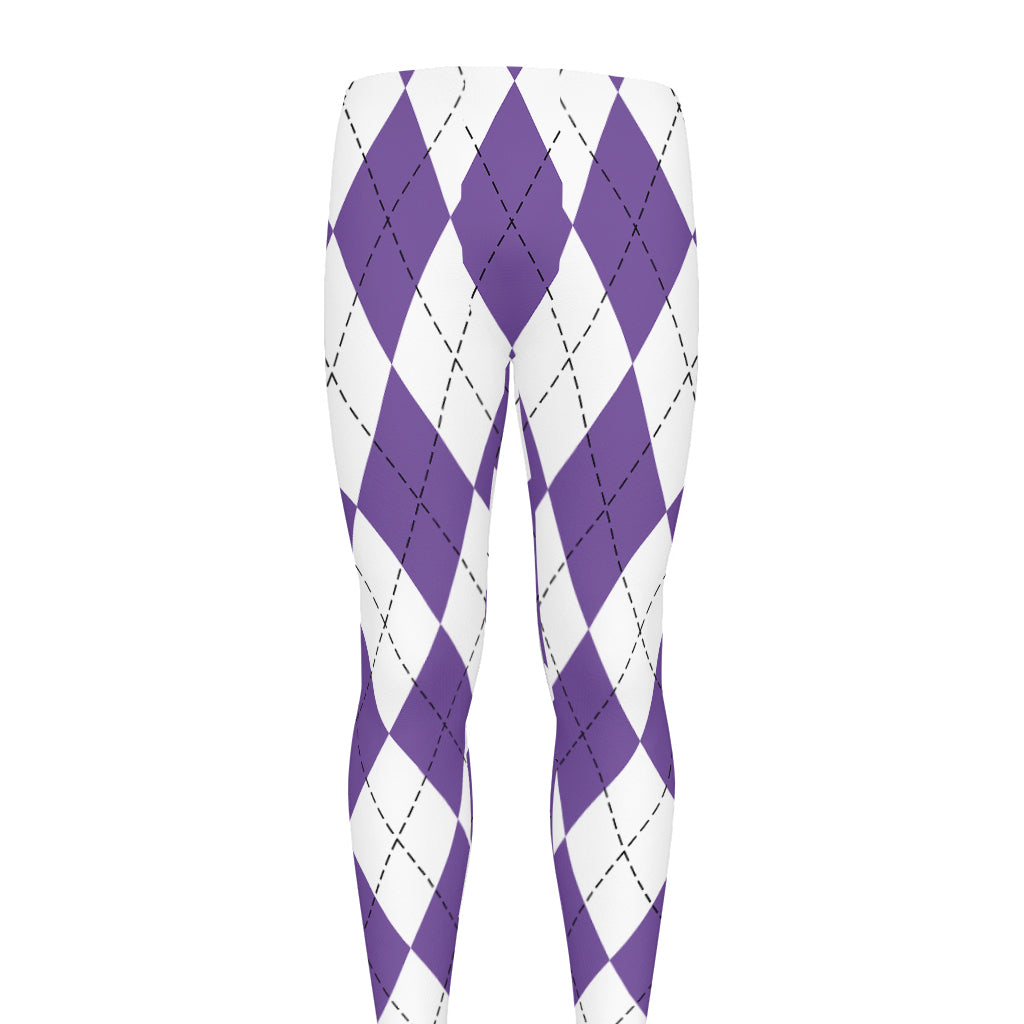 White And Purple Argyle Pattern Print Men's leggings