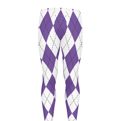 White And Purple Argyle Pattern Print Men's leggings