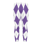 White And Purple Argyle Pattern Print Men's leggings