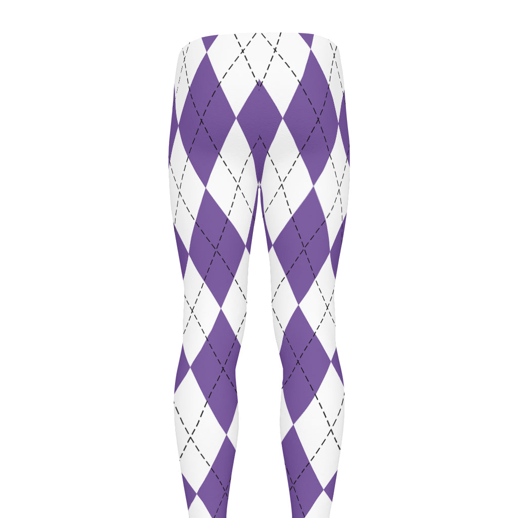 White And Purple Argyle Pattern Print Men's leggings