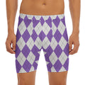 White And Purple Argyle Pattern Print Men's Long Boxer Briefs