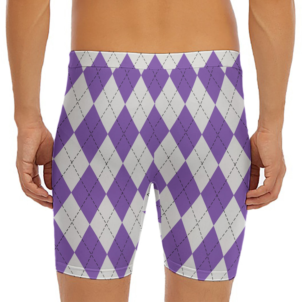 White And Purple Argyle Pattern Print Men's Long Boxer Briefs
