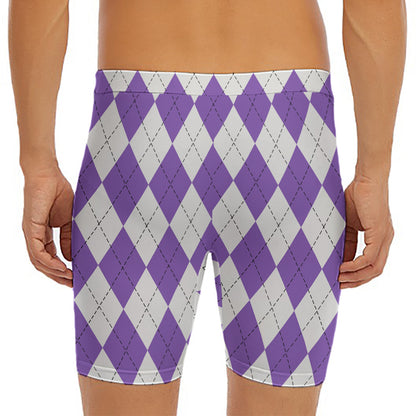 White And Purple Argyle Pattern Print Men's Long Boxer Briefs