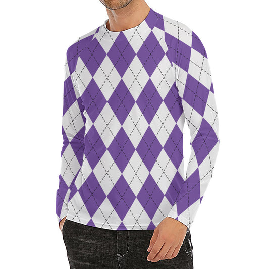 White And Purple Argyle Pattern Print Men's Long Sleeve Rash Guard