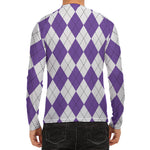 White And Purple Argyle Pattern Print Men's Long Sleeve Rash Guard