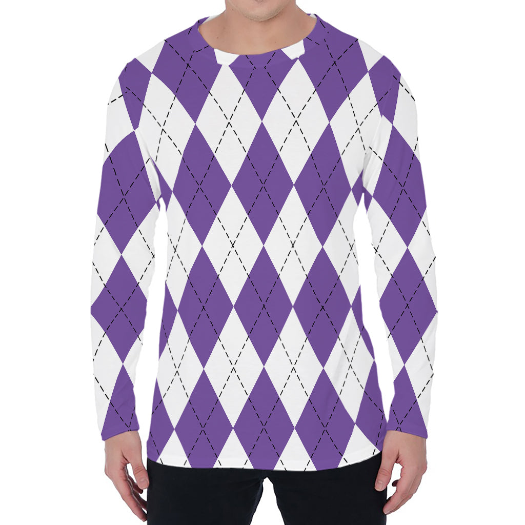 White And Purple Argyle Pattern Print Men's Long Sleeve T-Shirt