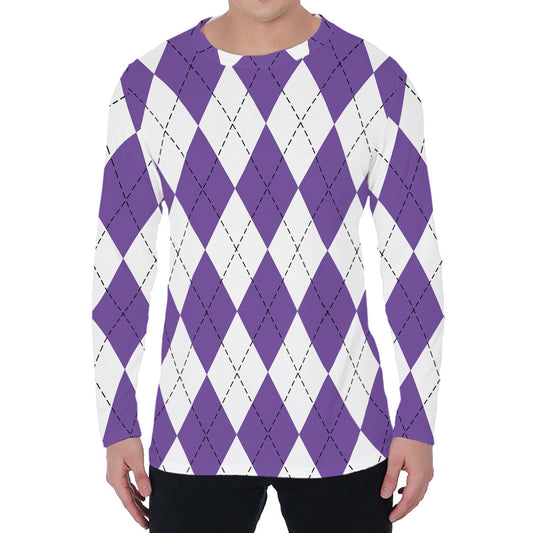 White And Purple Argyle Pattern Print Men's Long Sleeve T-Shirt