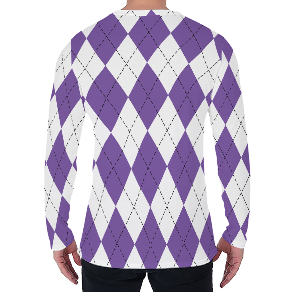White And Purple Argyle Pattern Print Men's Long Sleeve T-Shirt