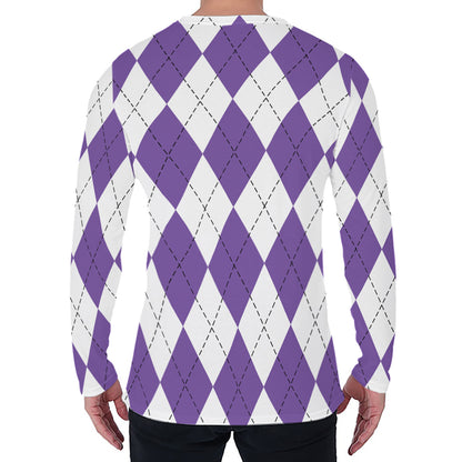 White And Purple Argyle Pattern Print Men's Long Sleeve T-Shirt