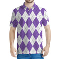 White And Purple Argyle Pattern Print Men's Polo Shirt
