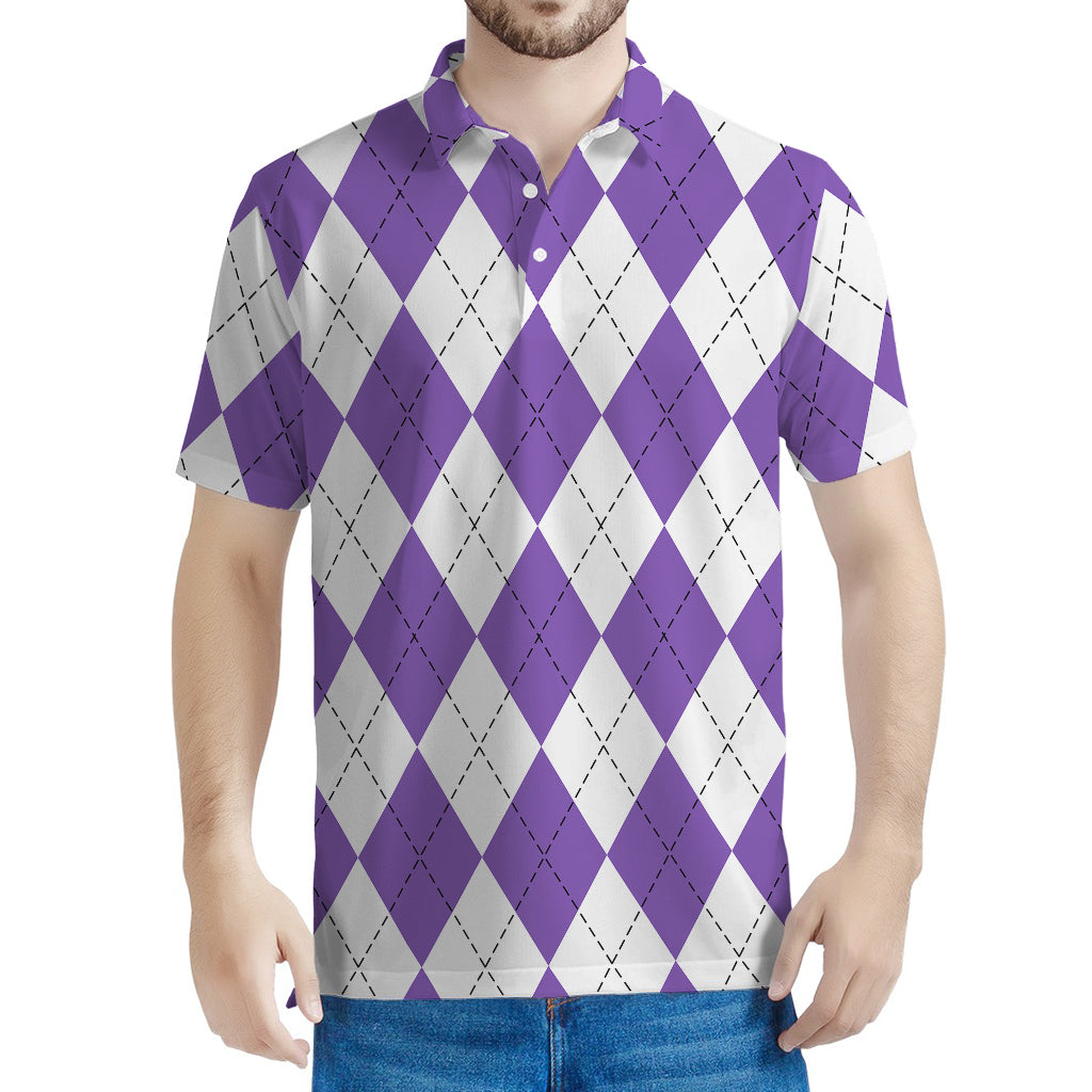 White And Purple Argyle Pattern Print Men's Polo Shirt