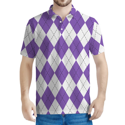 White And Purple Argyle Pattern Print Men's Polo Shirt