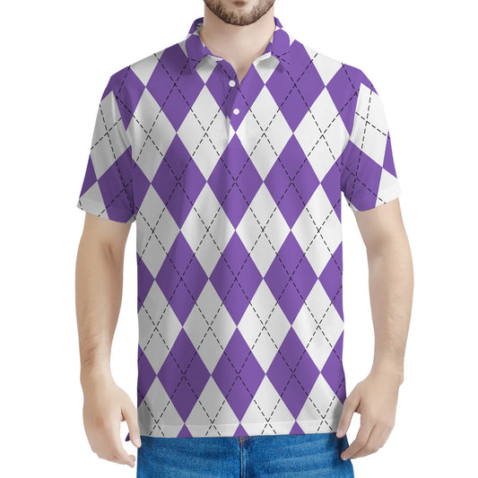 White And Purple Argyle Pattern Print Men's Polo Shirt