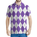 White And Purple Argyle Pattern Print Men's Polo Shirt