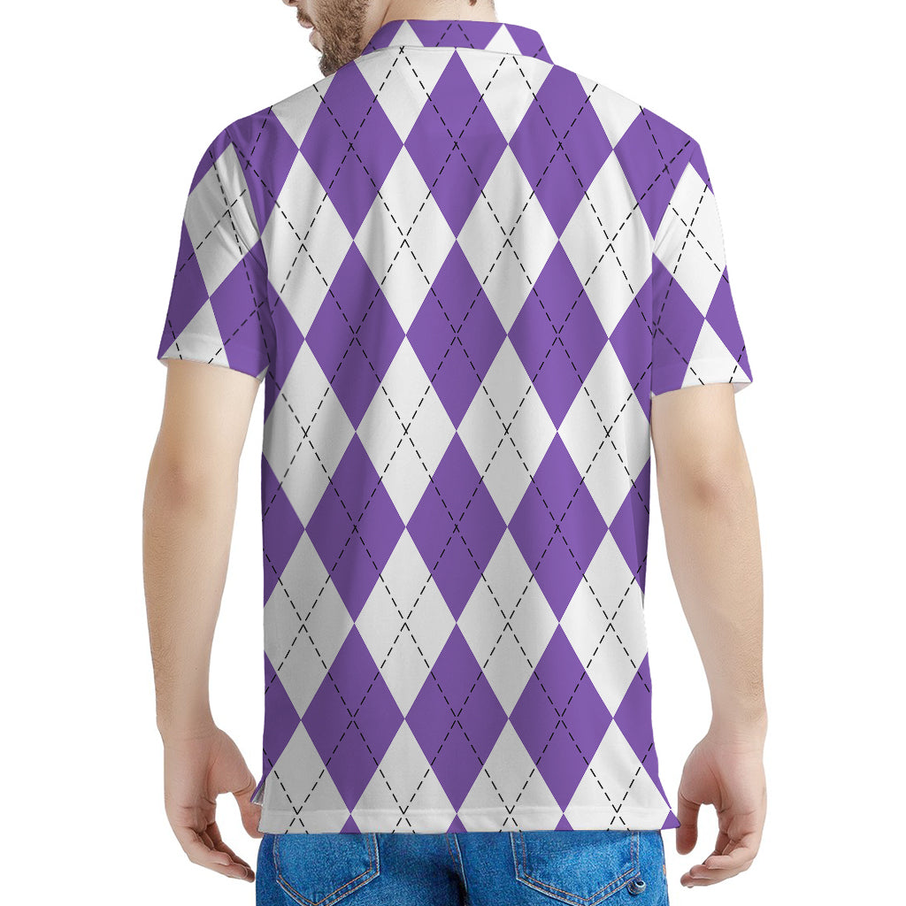 White And Purple Argyle Pattern Print Men's Polo Shirt